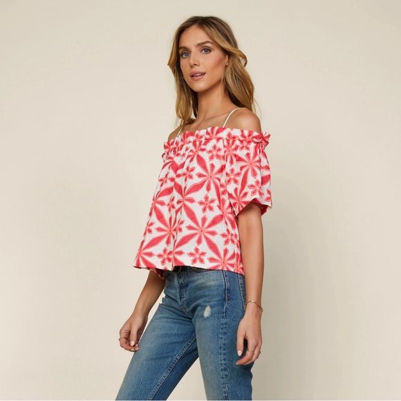 Embroidered Off the Shoulder Cotton Blend Top - Picture 2 of 12